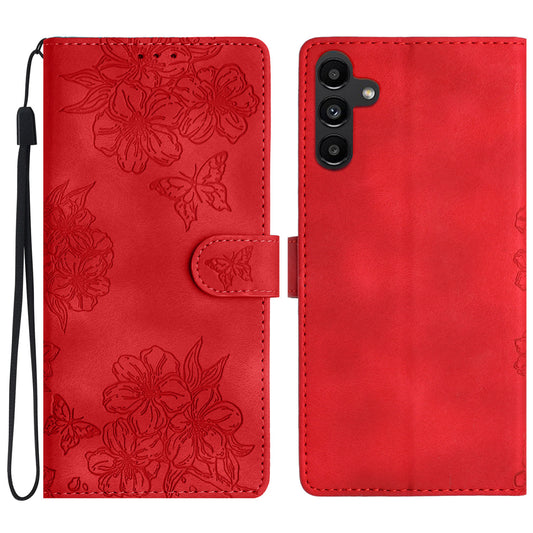 For Samsung Galaxy A16 5G / A16 4G Case Butterfly Flower Pattern Skin-Touch Leather Phone Cover - Red
