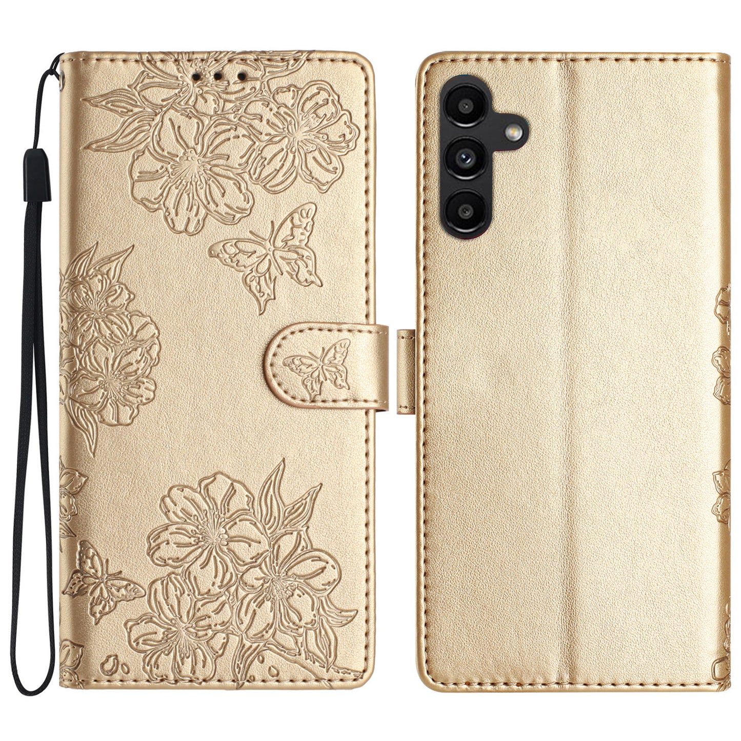 For Samsung Galaxy A16 5G / A16 4G Case Butterfly Flower Drop-Proof PU Leather Wallet Phone Cover - Gold