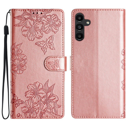 For Samsung Galaxy A16 5G / A16 4G Case Butterfly Flower Drop-Proof PU Leather Wallet Phone Cover - Rose Gold