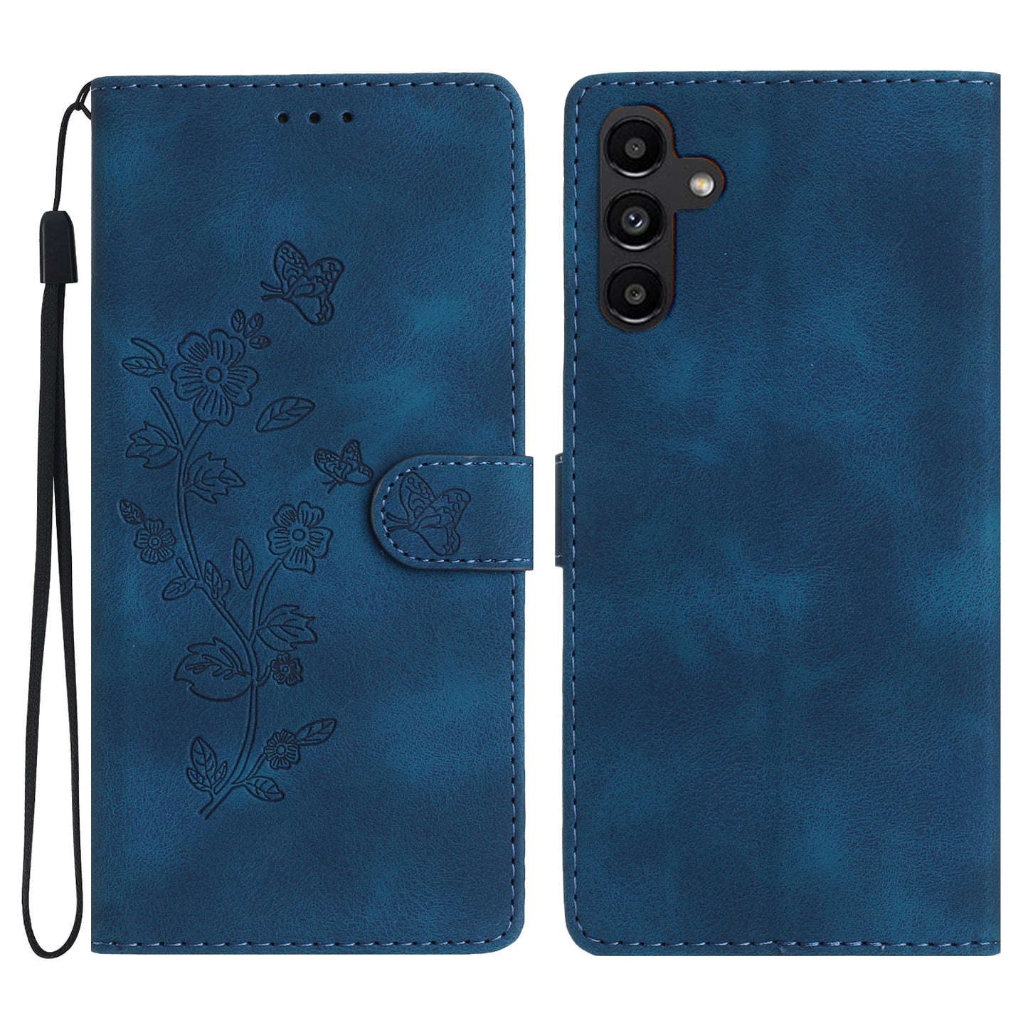 For Samsung Galaxy A16 5G / A16 4G Case Leather Imprinted Flower Phone Cover Wallet with Wrist Strap - Blue