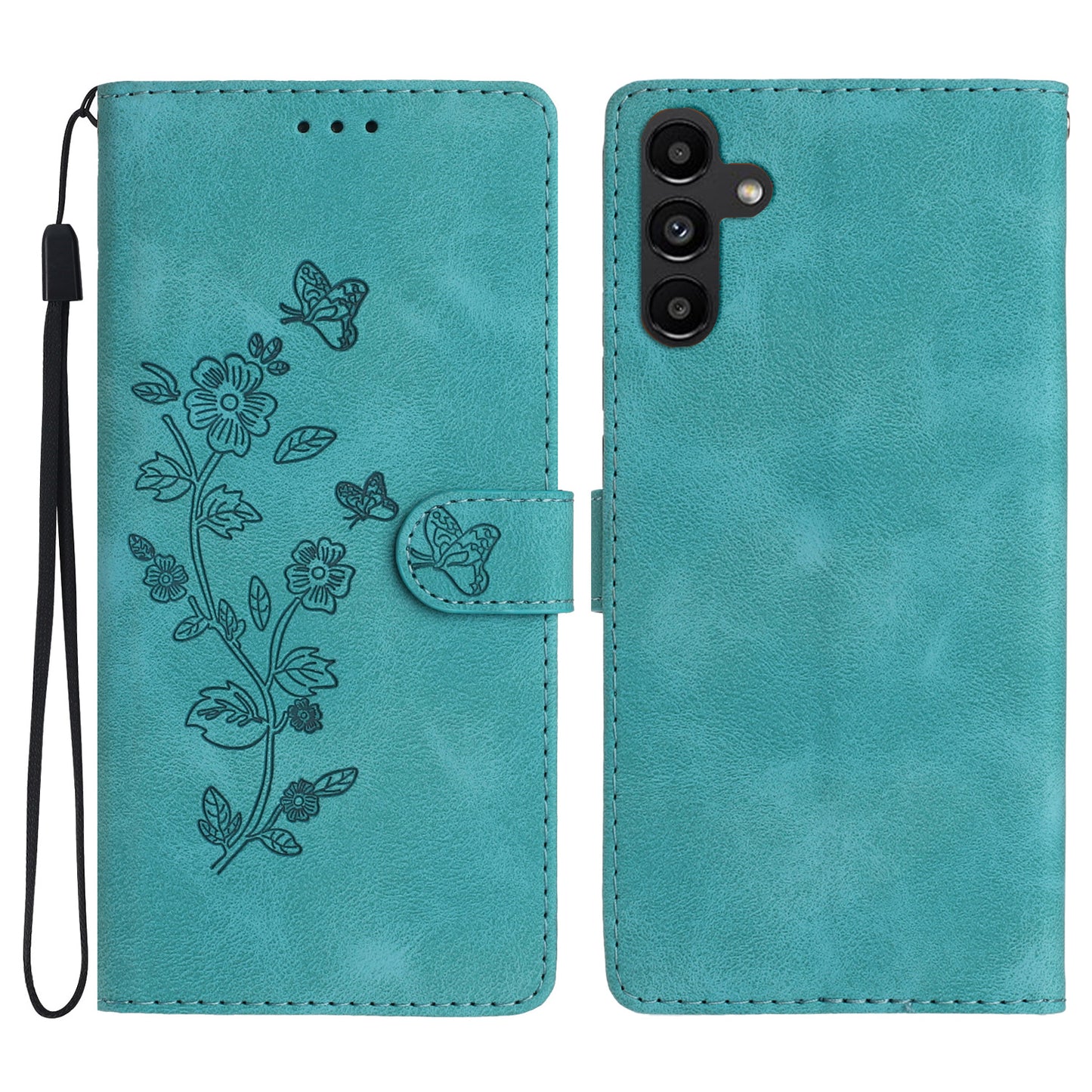 For Samsung Galaxy A16 5G / A16 4G Case Leather Imprinted Flower Phone Cover Wallet with Wrist Strap - Sky Blue