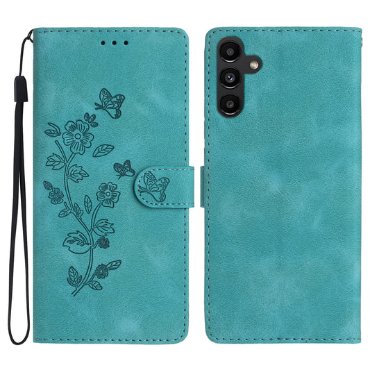 For Samsung Galaxy A16 5G / A16 4G Case Leather Imprinted Flower Phone Cover Wallet with Wrist Strap - Sky Blue