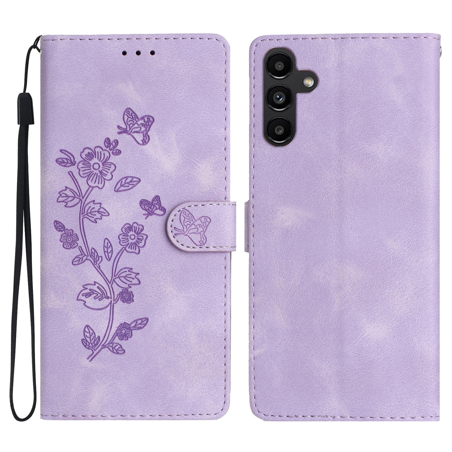 For Samsung Galaxy A16 5G / A16 4G Case Leather Imprinted Flower Phone Cover Wallet with Wrist Strap - Purple