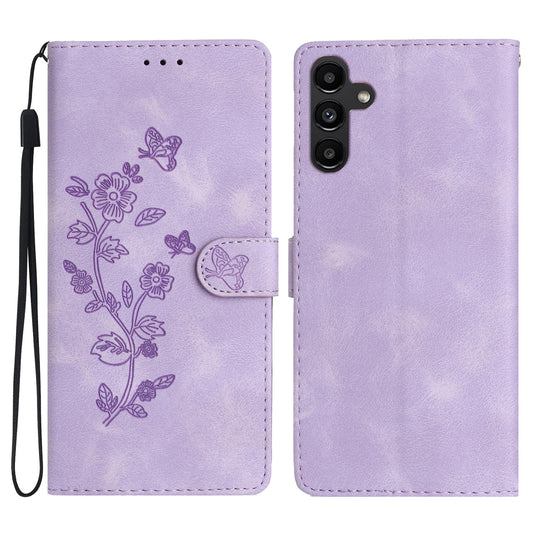 For Samsung Galaxy A16 5G / A16 4G Case Leather Imprinted Flower Phone Cover Wallet with Wrist Strap - Purple