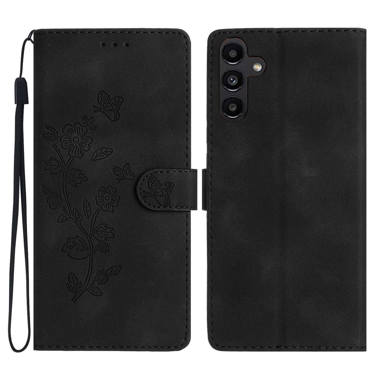 For Samsung Galaxy A16 5G / A16 4G Case Leather Imprinted Flower Phone Cover Wallet with Wrist Strap - Black