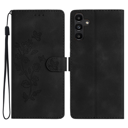 For Samsung Galaxy A16 5G / A16 4G Case Leather Imprinted Flower Phone Cover Wallet with Wrist Strap - Black