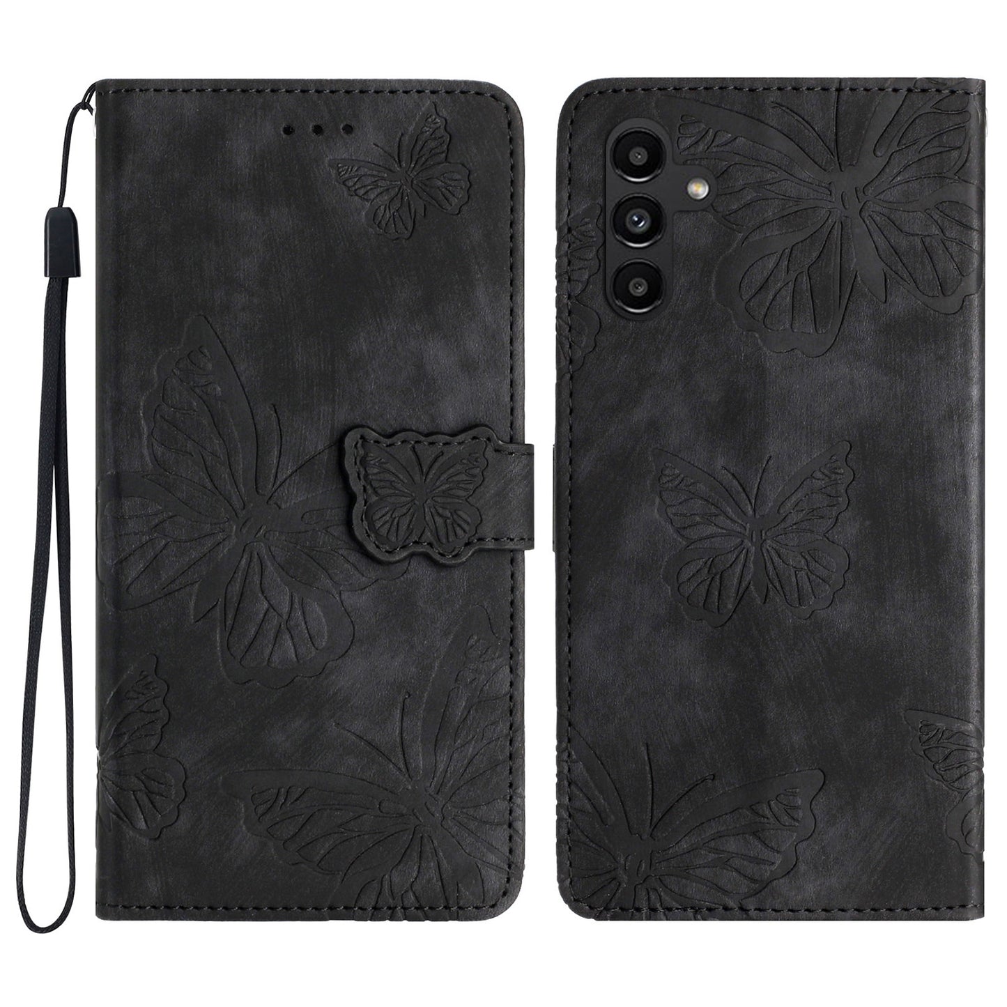 For Samsung Galaxy A16 5G / A16 4G Case Butterfly Design Flip Wallet Leather Phone Cover Skin-Touch - Black