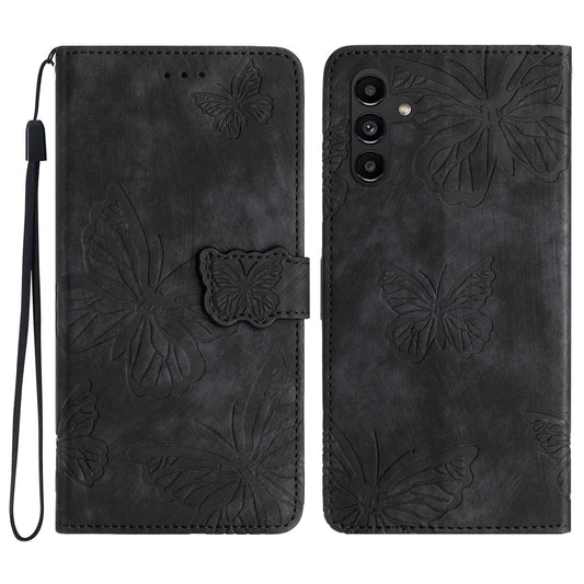 For Samsung Galaxy A16 5G / A16 4G Case Butterfly Design Flip Wallet Leather Phone Cover Skin-Touch - Black