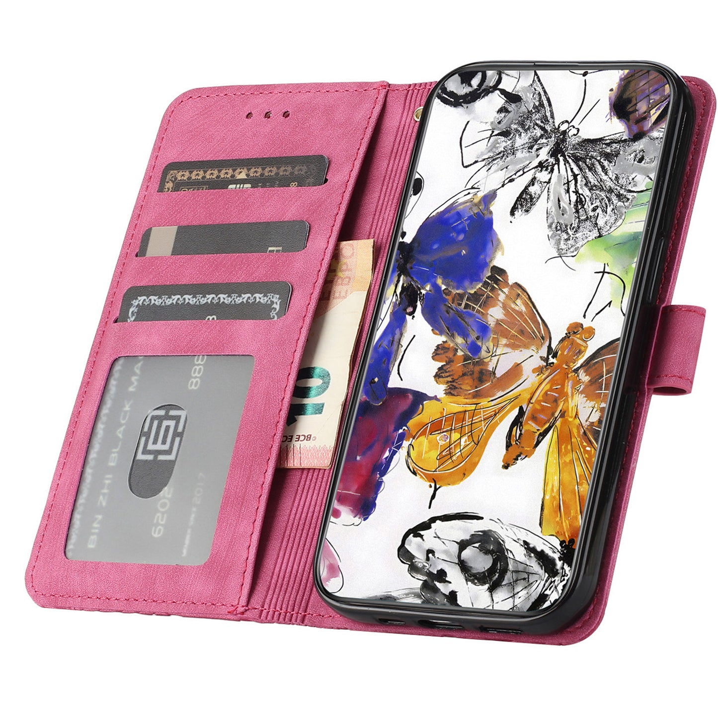 For Samsung Galaxy A16 5G / A16 4G Case Butterfly Design Flip Wallet Leather Phone Cover Skin-Touch - Rose