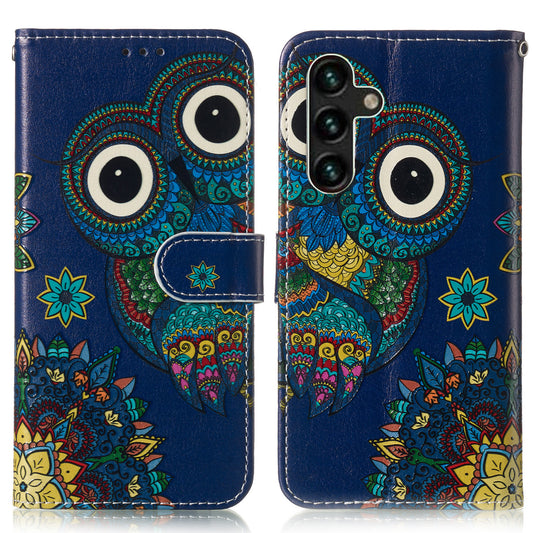 For Samsung Galaxy A16 5G / A16 4G Case Pattern Leather Wallet Phone Cover with Card Holder - Blue Owl