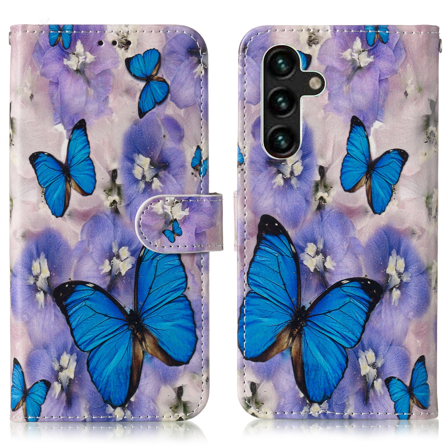 For Samsung Galaxy A16 5G / A16 4G Case Pattern Leather Wallet Phone Cover with Card Holder - Purple Flower Butterfly