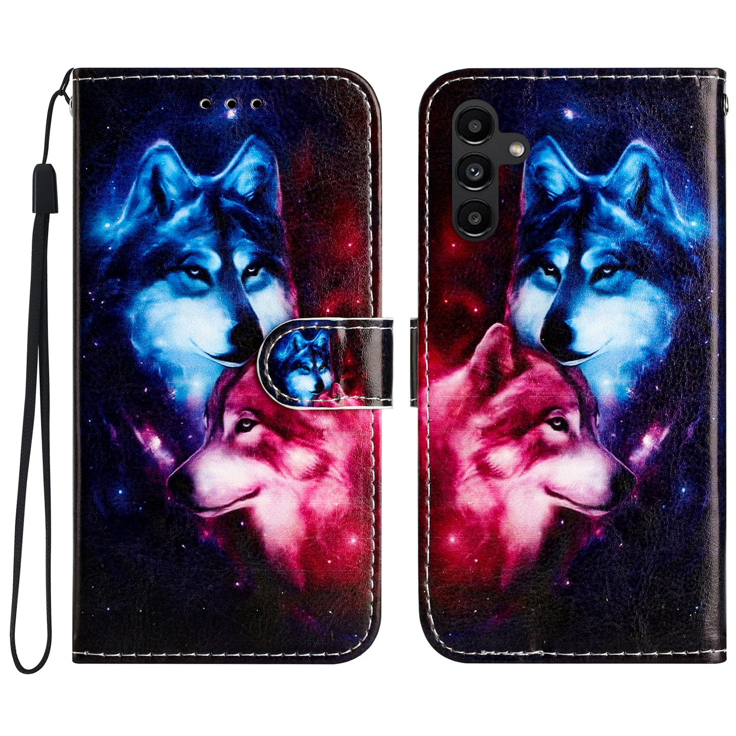 For Samsung Galaxy A16 5G / A16 4G Wallet Case Printed Pattern Design Leather Phone Cover - Couple Wolf