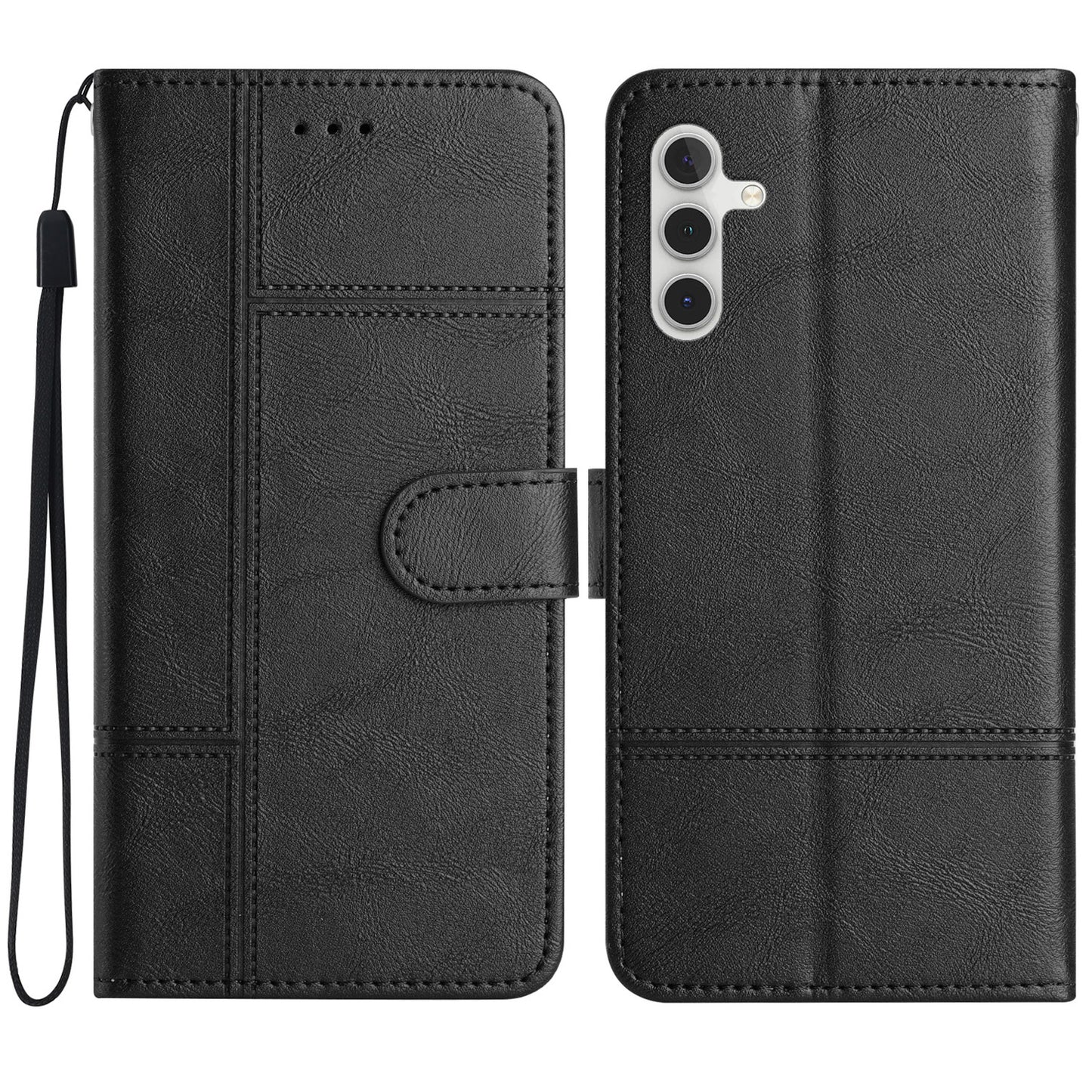 For Samsung Galaxy A16 5G / A16 4G Case Line Imprinted PU Leather Wallet Phone Cover - Black