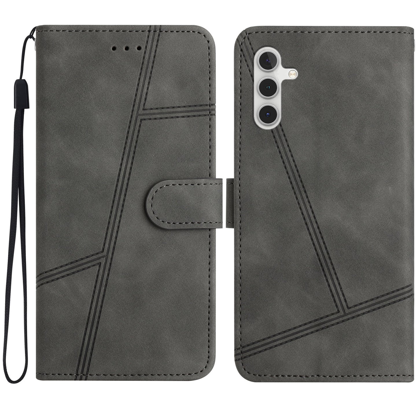 For Samsung Galaxy A16 5G / A16 4G Case Flip Leather Retro Phone Cover Lines Imprinted - Grey