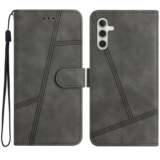 For Samsung Galaxy A16 5G / A16 4G Case Flip Leather Retro Phone Cover Lines Imprinted - Grey
