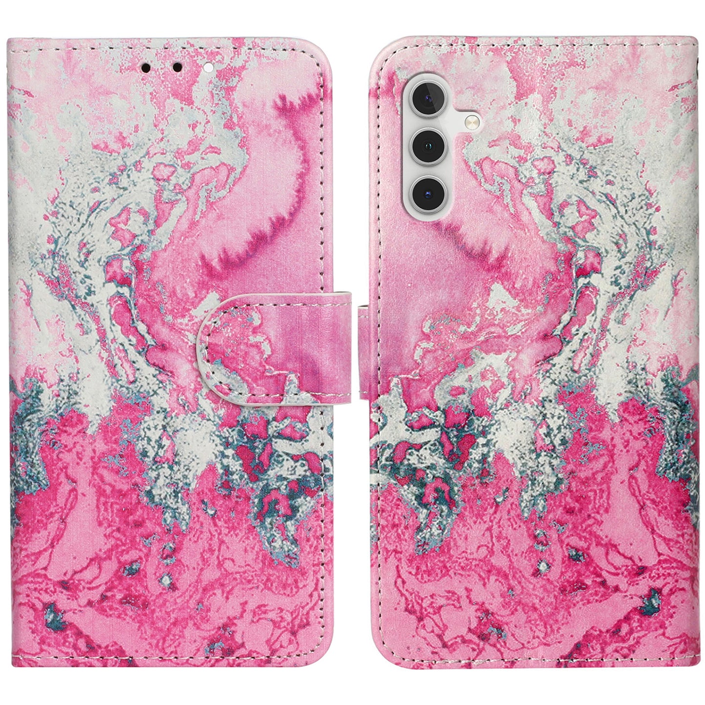 For Samsung Galaxy A16 5G / A16 4G Case Pattern PU Leather Flip Phone Cover - Pink Seawater Marble