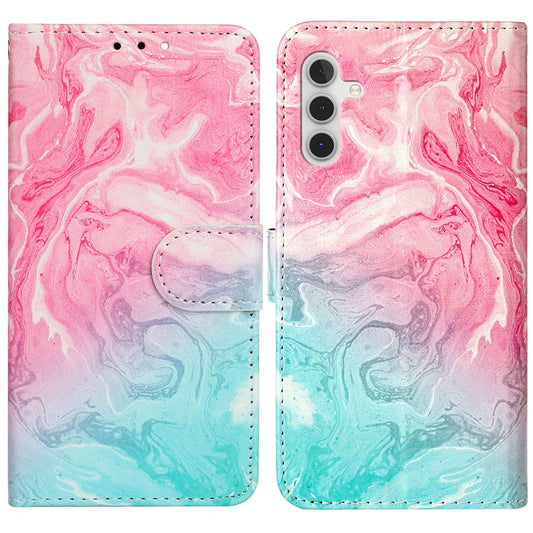For Samsung Galaxy A16 5G / A16 4G Case Pattern PU Leather Flip Phone Cover - Pink Green Marble