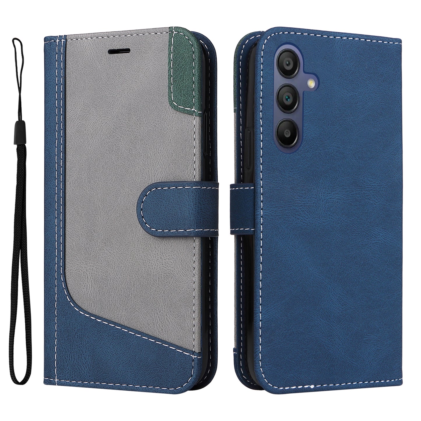 For Samsung Galaxy A16 5G / A16 4G Case Flip Wallet Leather Phone Cover 3 Color Splicing - Blue