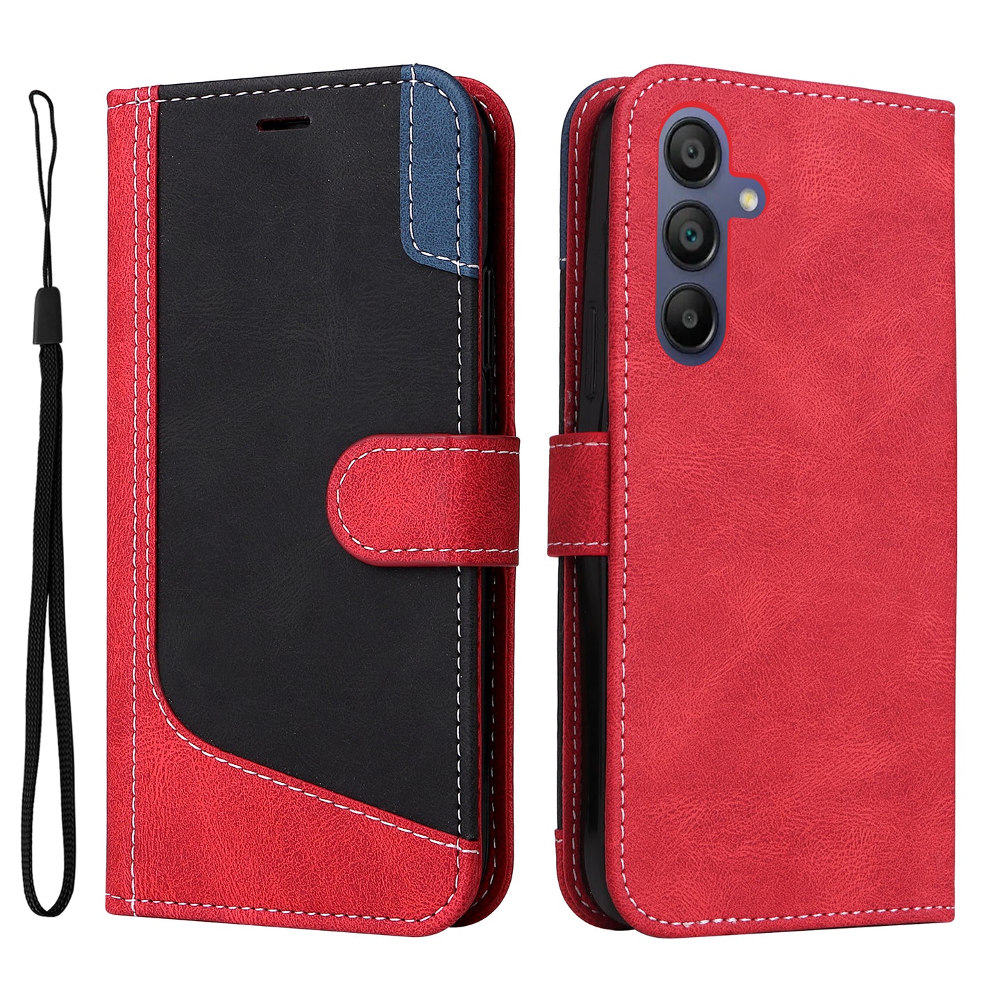 For Samsung Galaxy A16 5G / A16 4G Case Flip Wallet Leather Phone Cover 3 Color Splicing - Red