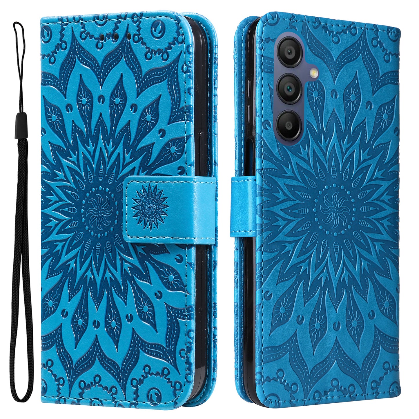 KT Imprinting Flower Series-1 For Samsung Galaxy A16 5G / A16 4G Case Sunflower Leather Wallet Folio Phone Cover - Blue
