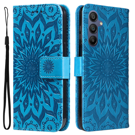 KT Imprinting Flower Series-1 For Samsung Galaxy A16 5G / A16 4G Case Sunflower Leather Wallet Folio Phone Cover - Blue