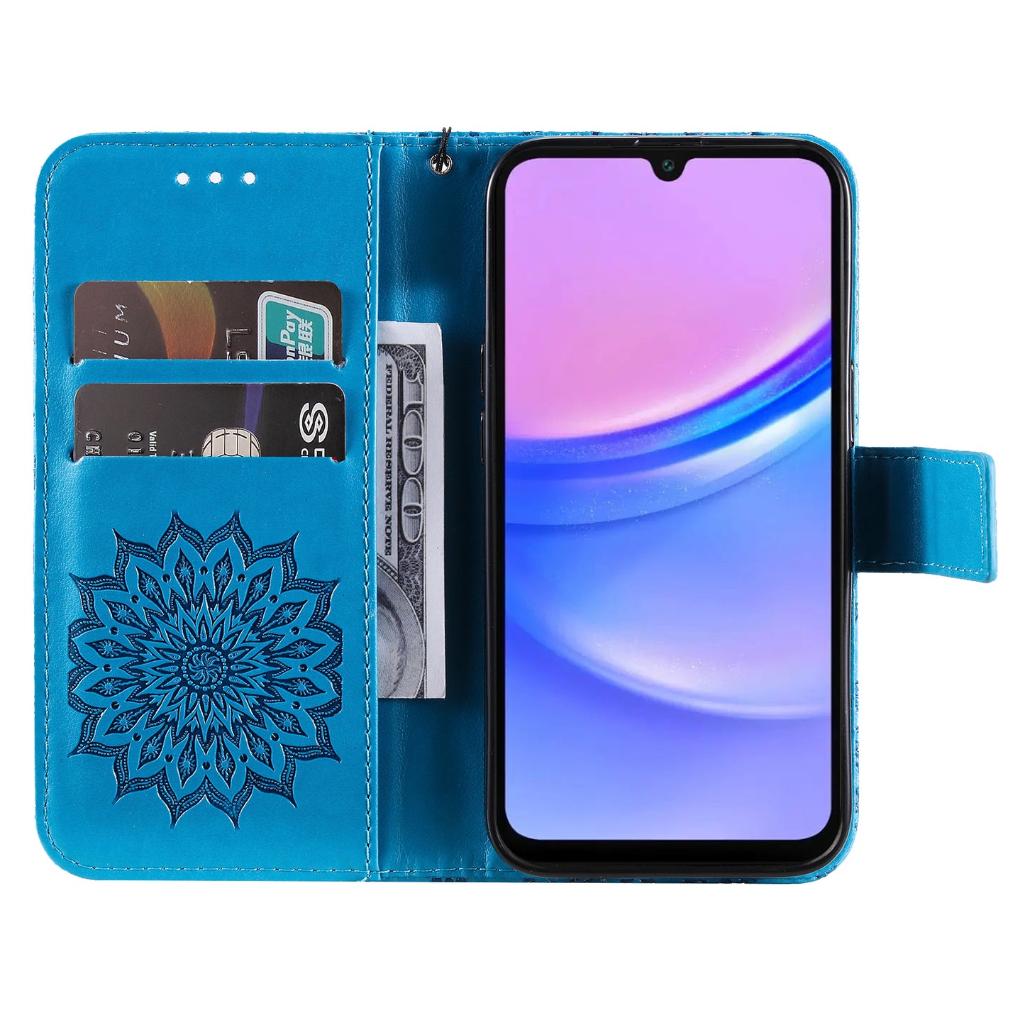 KT Imprinting Flower Series-1 For Samsung Galaxy A16 5G / A16 4G Case Sunflower Leather Wallet Folio Phone Cover - Blue