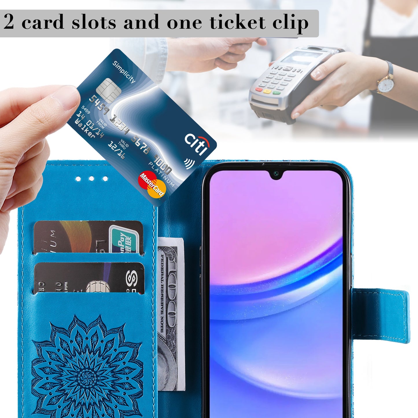 KT Imprinting Flower Series-1 For Samsung Galaxy A16 5G / A16 4G Case Sunflower Leather Wallet Folio Phone Cover - Blue