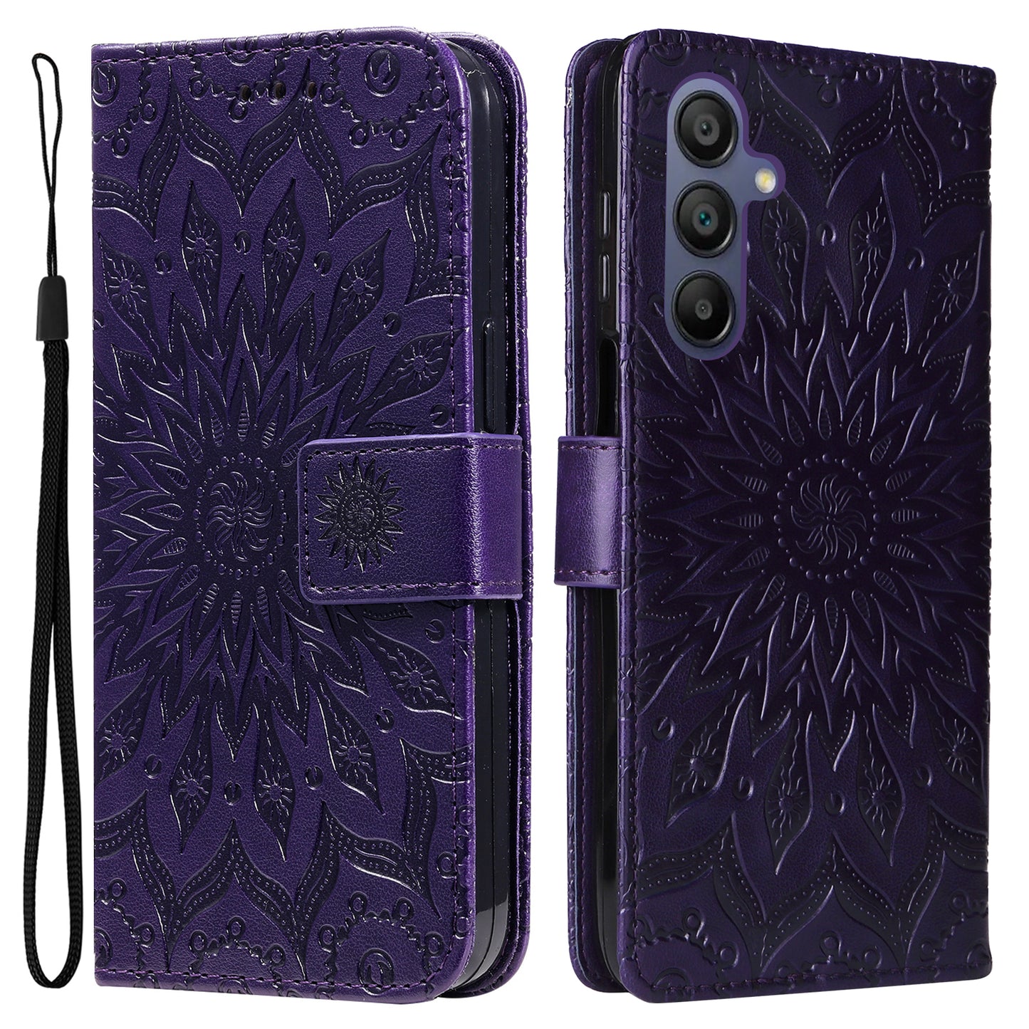 KT Imprinting Flower Series-1 For Samsung Galaxy A16 5G / A16 4G Case Sunflower Leather Wallet Folio Phone Cover - Purple