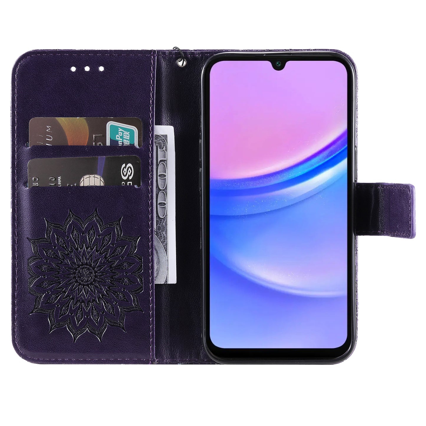 KT Imprinting Flower Series-1 For Samsung Galaxy A16 5G / A16 4G Case Sunflower Leather Wallet Folio Phone Cover - Purple