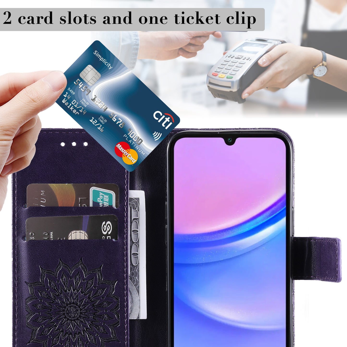 KT Imprinting Flower Series-1 For Samsung Galaxy A16 5G / A16 4G Case Sunflower Leather Wallet Folio Phone Cover - Purple