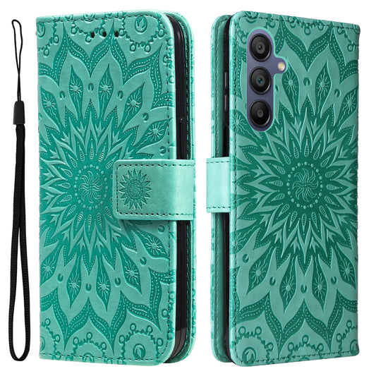 KT Imprinting Flower Series-1 For Samsung Galaxy A16 5G / A16 4G Case Sunflower Leather Wallet Folio Phone Cover - Green