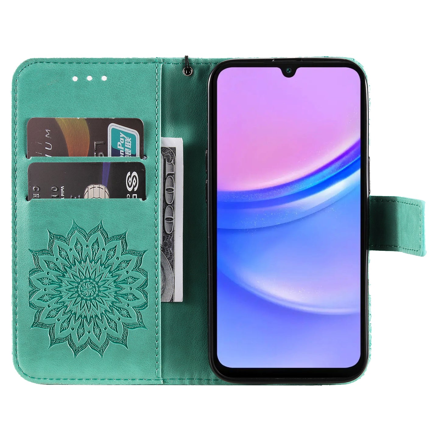 KT Imprinting Flower Series-1 For Samsung Galaxy A16 5G / A16 4G Case Sunflower Leather Wallet Folio Phone Cover - Green