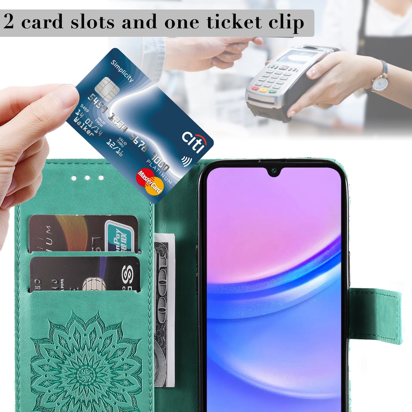 KT Imprinting Flower Series-1 For Samsung Galaxy A16 5G / A16 4G Case Sunflower Leather Wallet Folio Phone Cover - Green