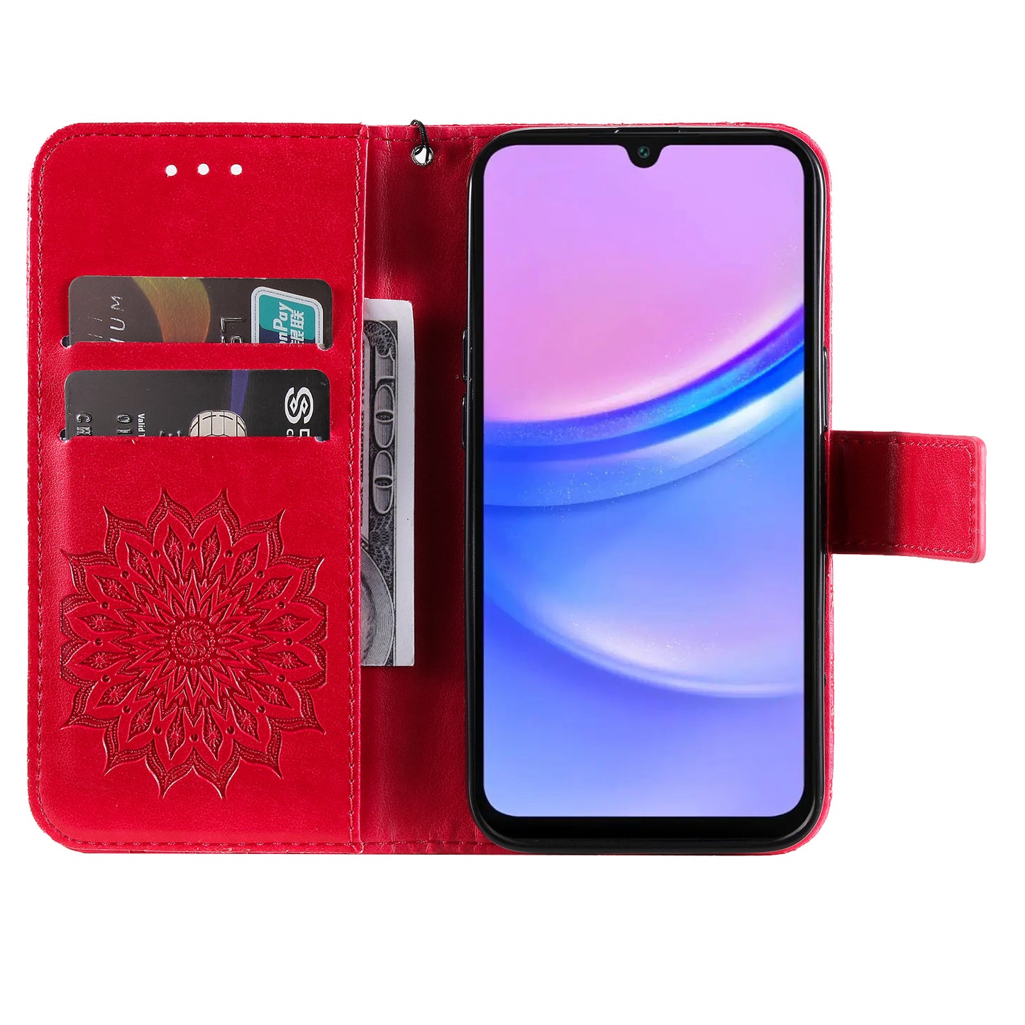 KT Imprinting Flower Series-1 For Samsung Galaxy A16 5G / A16 4G Case Sunflower Leather Wallet Folio Phone Cover - Red