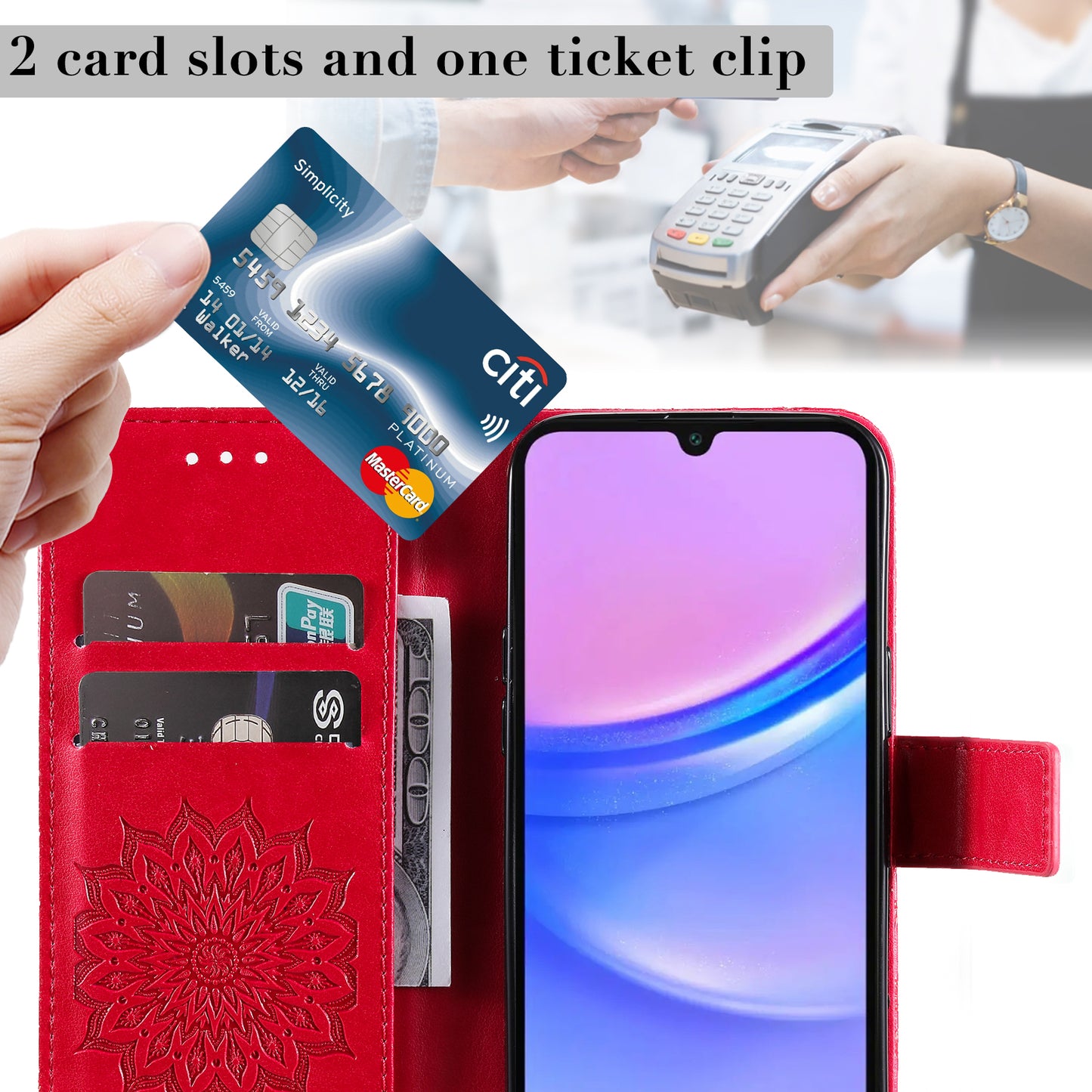 KT Imprinting Flower Series-1 For Samsung Galaxy A16 5G / A16 4G Case Sunflower Leather Wallet Folio Phone Cover - Red