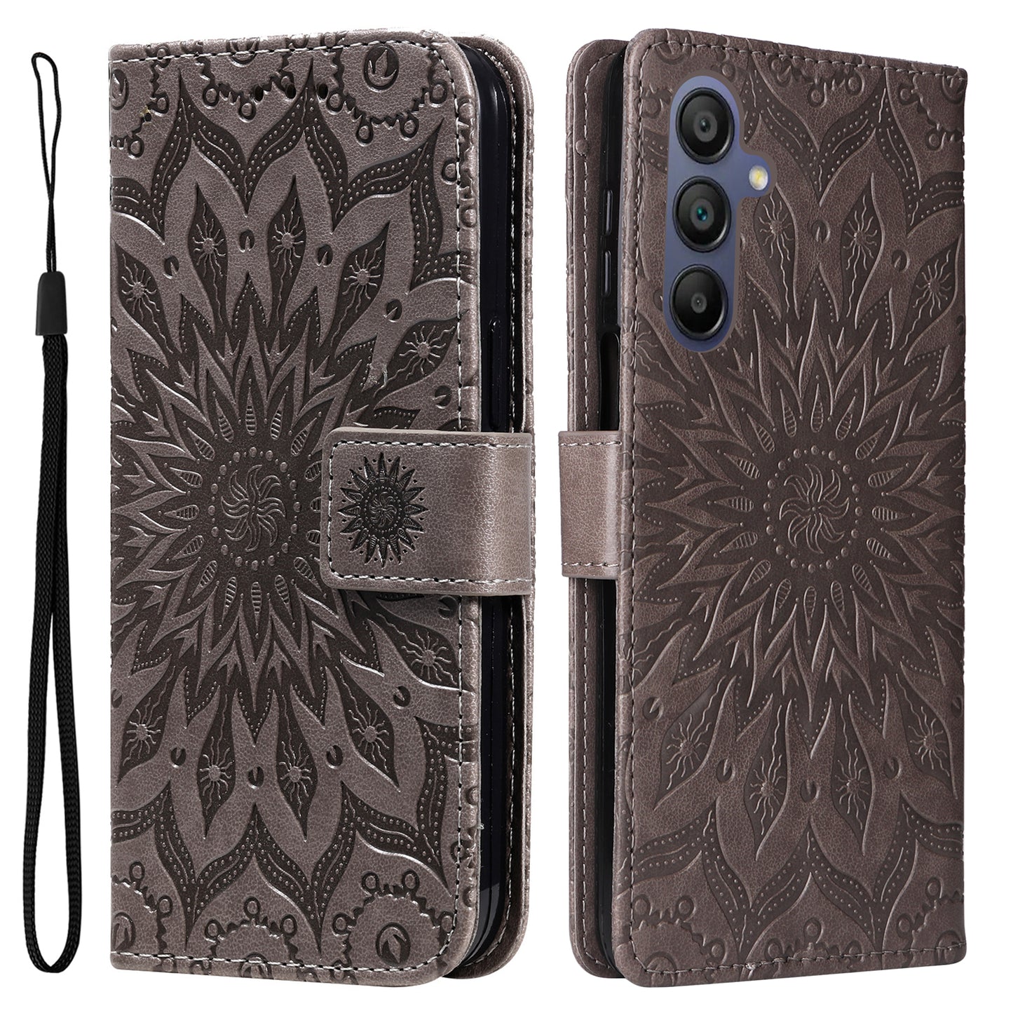 KT Imprinting Flower Series-1 For Samsung Galaxy A16 5G / A16 4G Case Sunflower Leather Wallet Folio Phone Cover - Grey