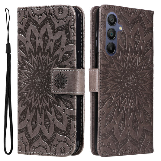 KT Imprinting Flower Series-1 For Samsung Galaxy A16 5G / A16 4G Case Sunflower Leather Wallet Folio Phone Cover - Grey