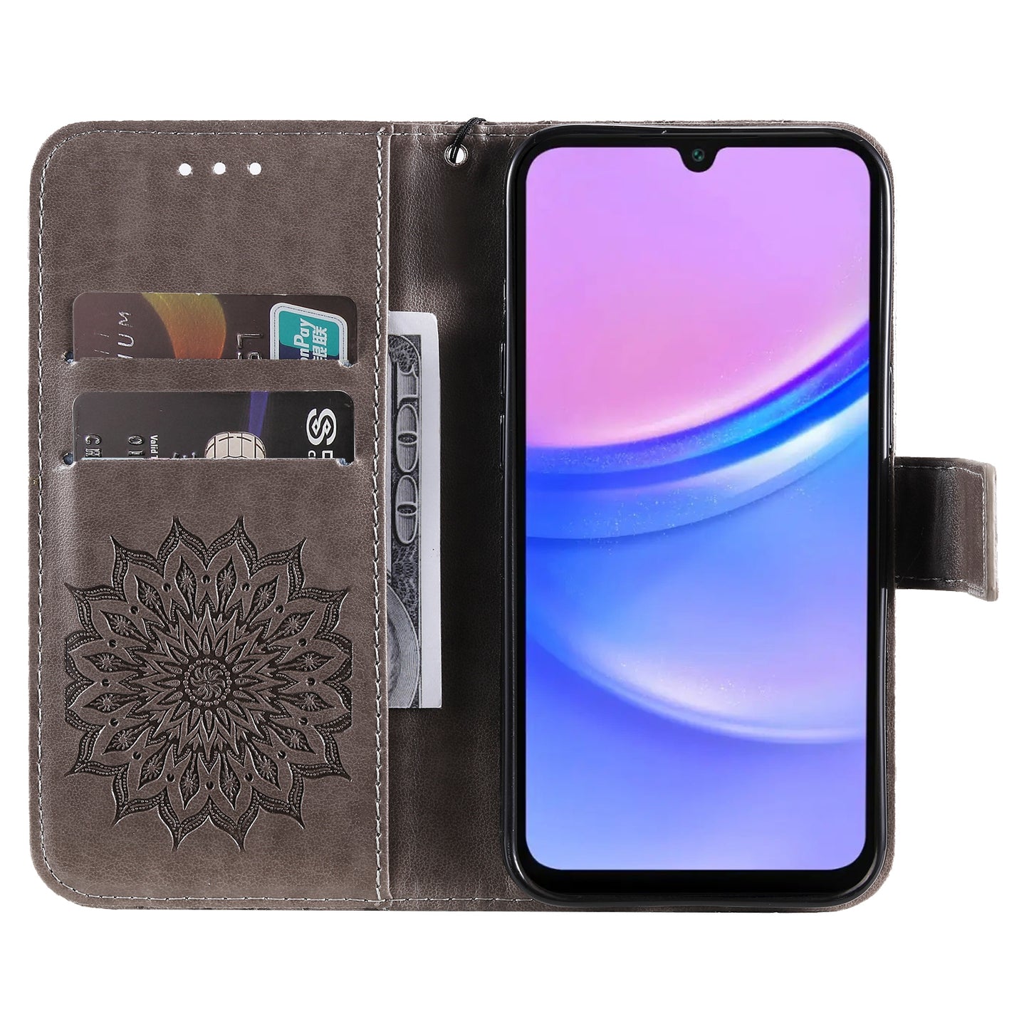 KT Imprinting Flower Series-1 For Samsung Galaxy A16 5G / A16 4G Case Sunflower Leather Wallet Folio Phone Cover - Grey