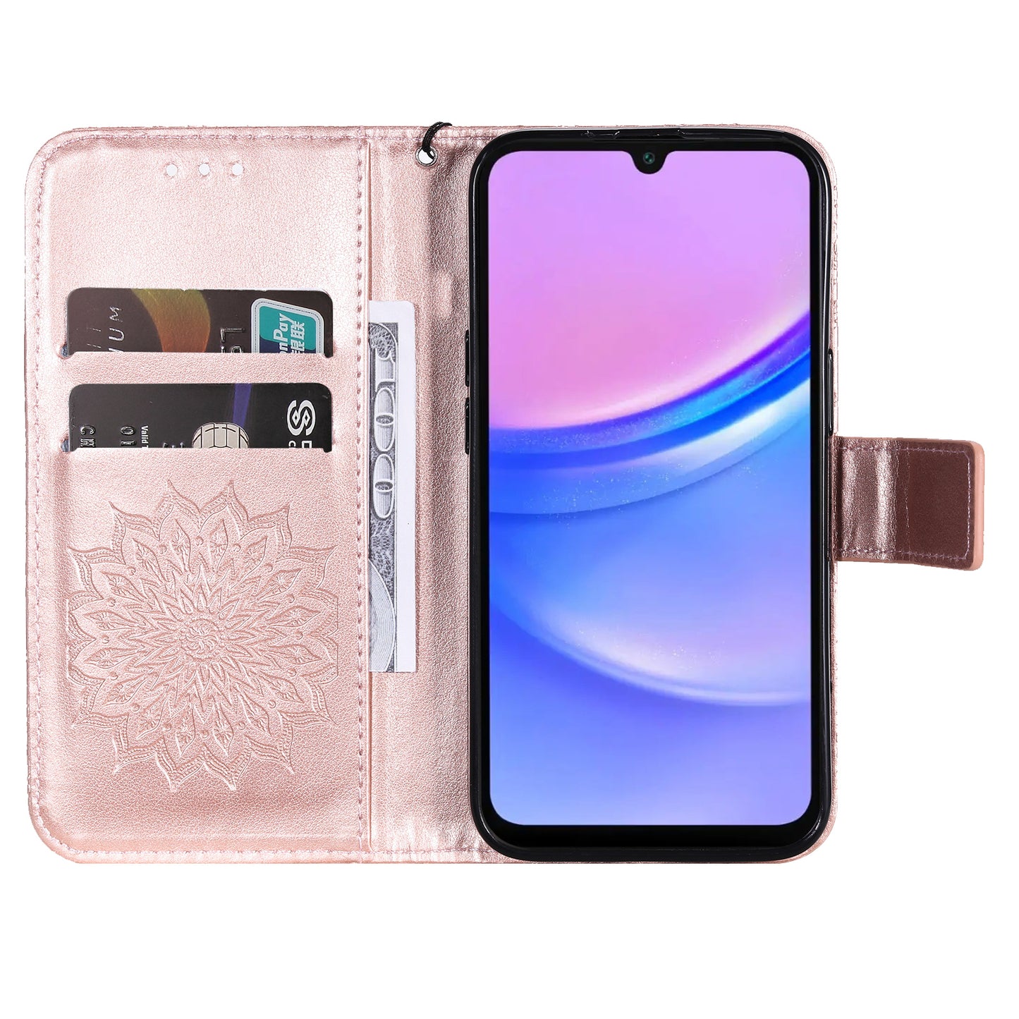 KT Imprinting Flower Series-1 For Samsung Galaxy A16 5G / A16 4G Case Sunflower Leather Wallet Folio Phone Cover - Rose Gold