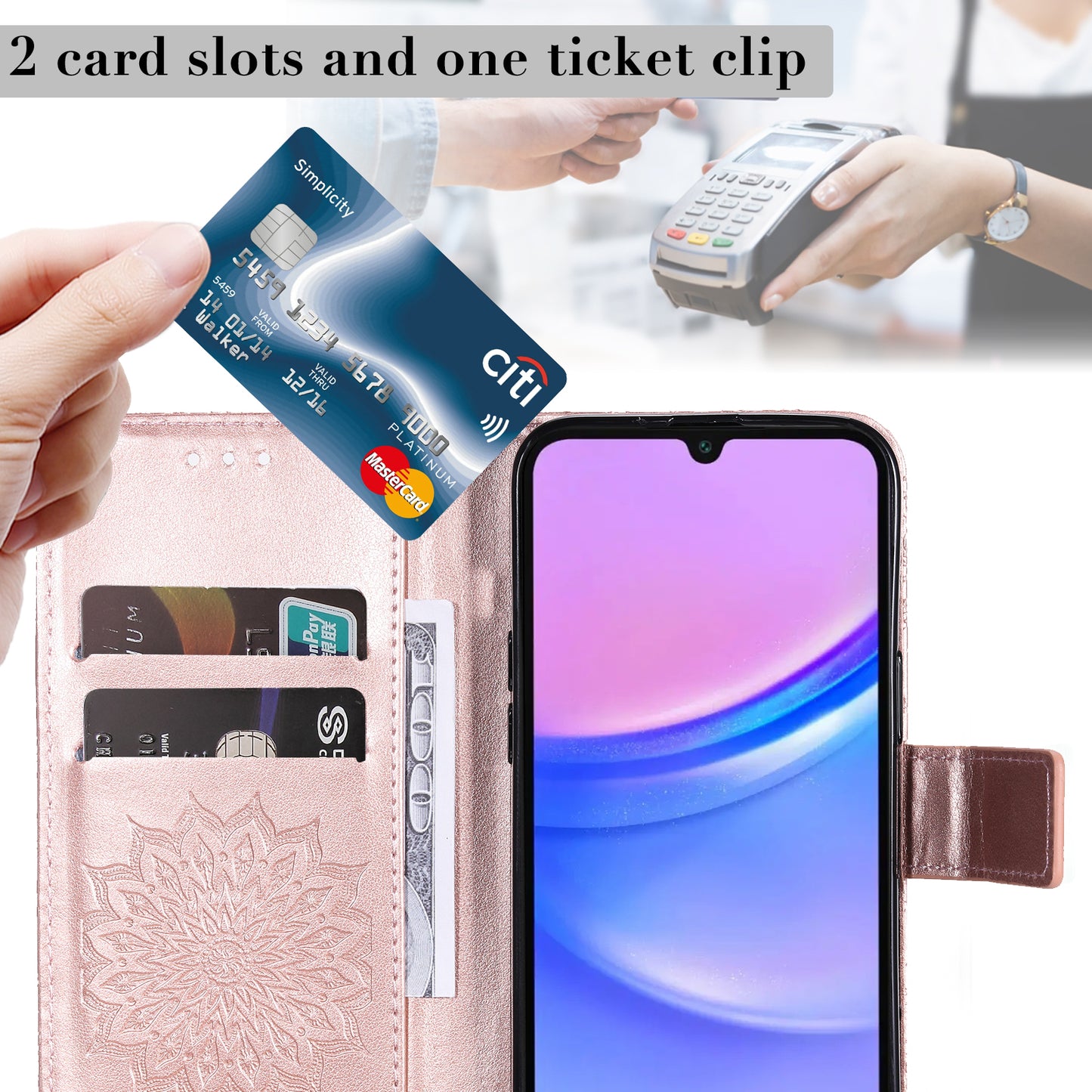 KT Imprinting Flower Series-1 For Samsung Galaxy A16 5G / A16 4G Case Sunflower Leather Wallet Folio Phone Cover - Rose Gold