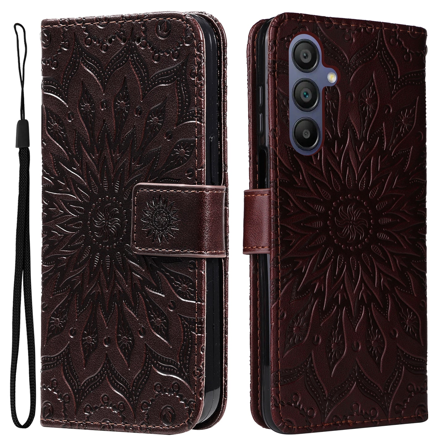 KT Imprinting Flower Series-1 For Samsung Galaxy A16 5G / A16 4G Case Sunflower Leather Wallet Folio Phone Cover - Brown