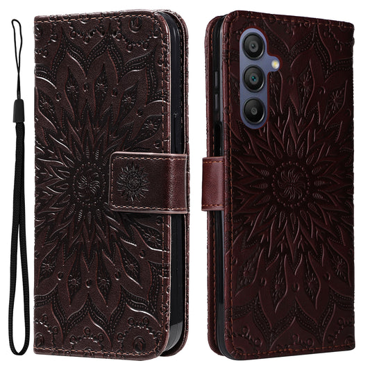 KT Imprinting Flower Series-1 For Samsung Galaxy A16 5G / A16 4G Case Sunflower Leather Wallet Folio Phone Cover - Brown