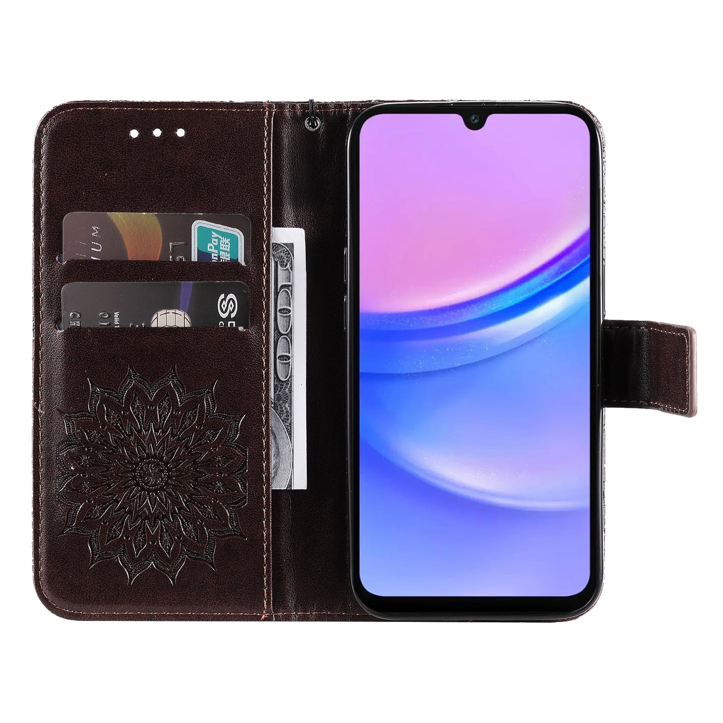 KT Imprinting Flower Series-1 For Samsung Galaxy A16 5G / A16 4G Case Sunflower Leather Wallet Folio Phone Cover - Brown