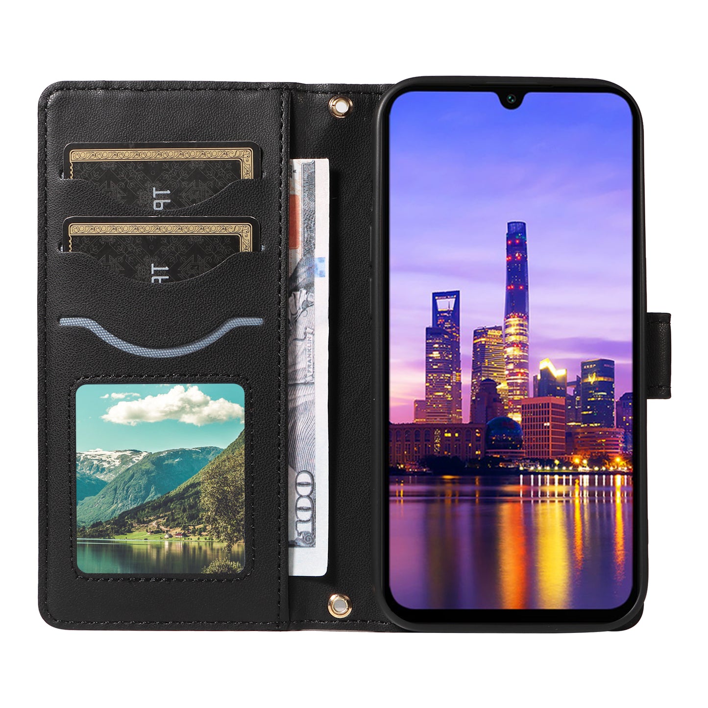 For Samsung Galaxy A16 5G / A16 4G Case Wallet Rhombus Leather Phone Cover with Shoulder Strap, Wrist Strap - Black