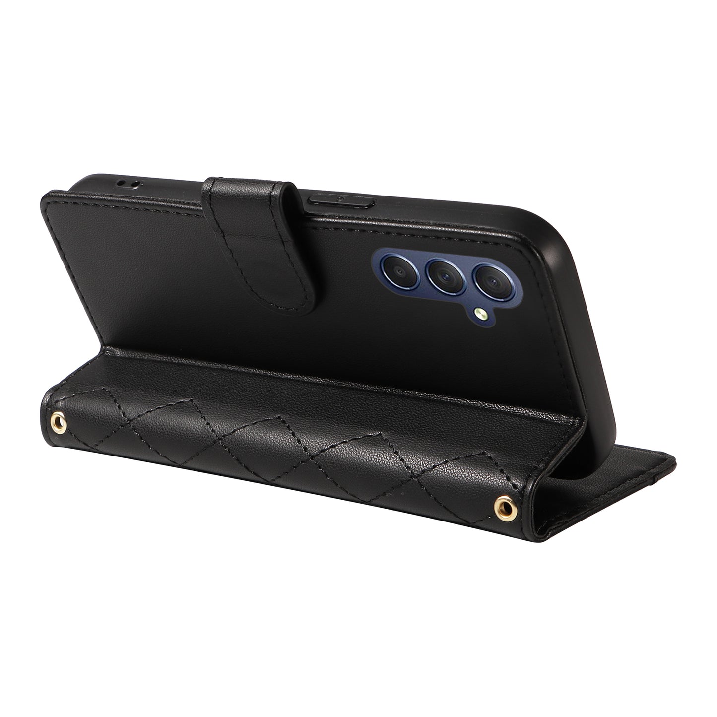 For Samsung Galaxy A16 5G / A16 4G Case Wallet Rhombus Leather Phone Cover with Shoulder Strap, Wrist Strap - Black