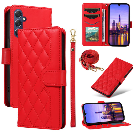 For Samsung Galaxy A16 5G / A16 4G Case Wallet Rhombus Leather Phone Cover with Shoulder Strap, Wrist Strap - Red