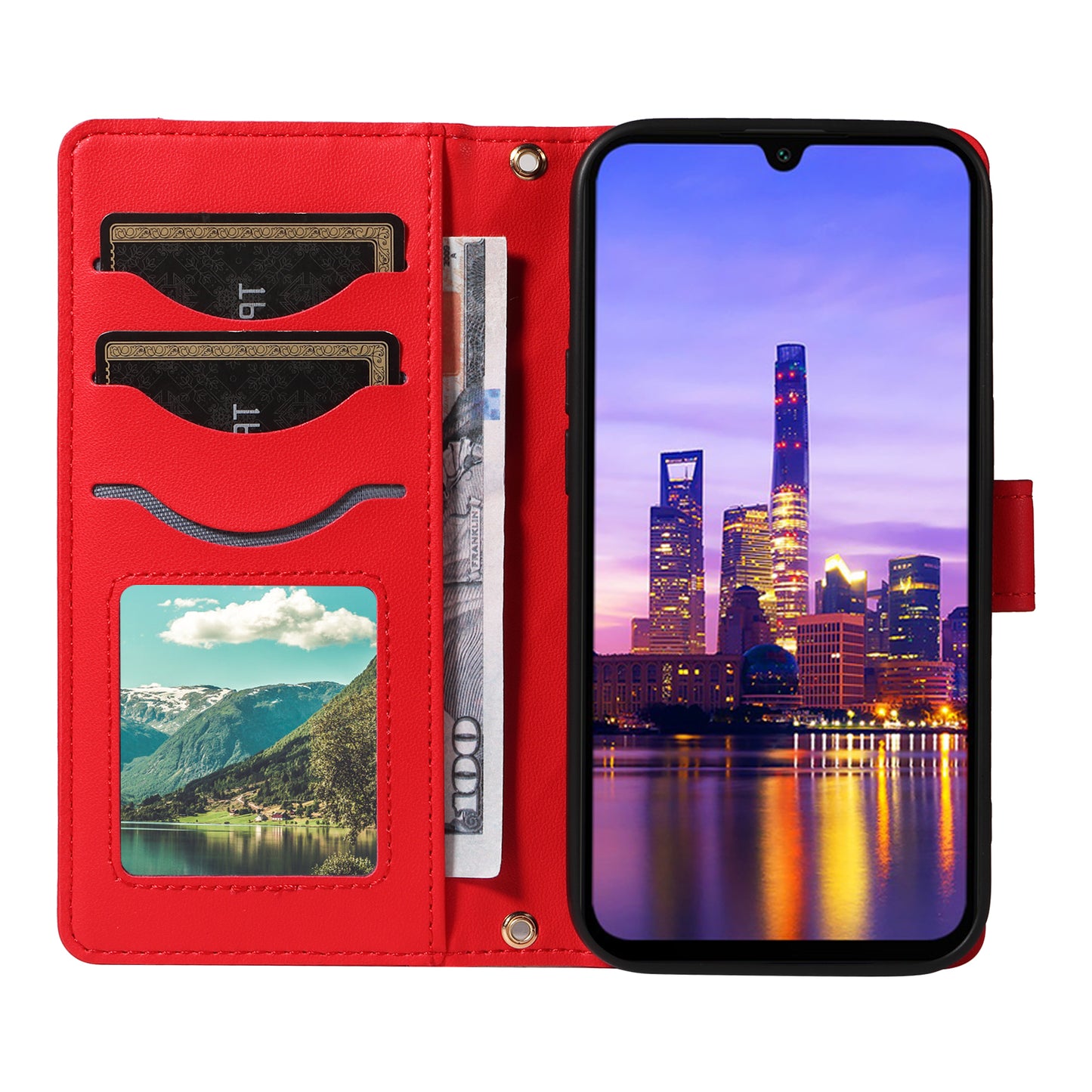 For Samsung Galaxy A16 5G / A16 4G Case Wallet Rhombus Leather Phone Cover with Shoulder Strap, Wrist Strap - Red