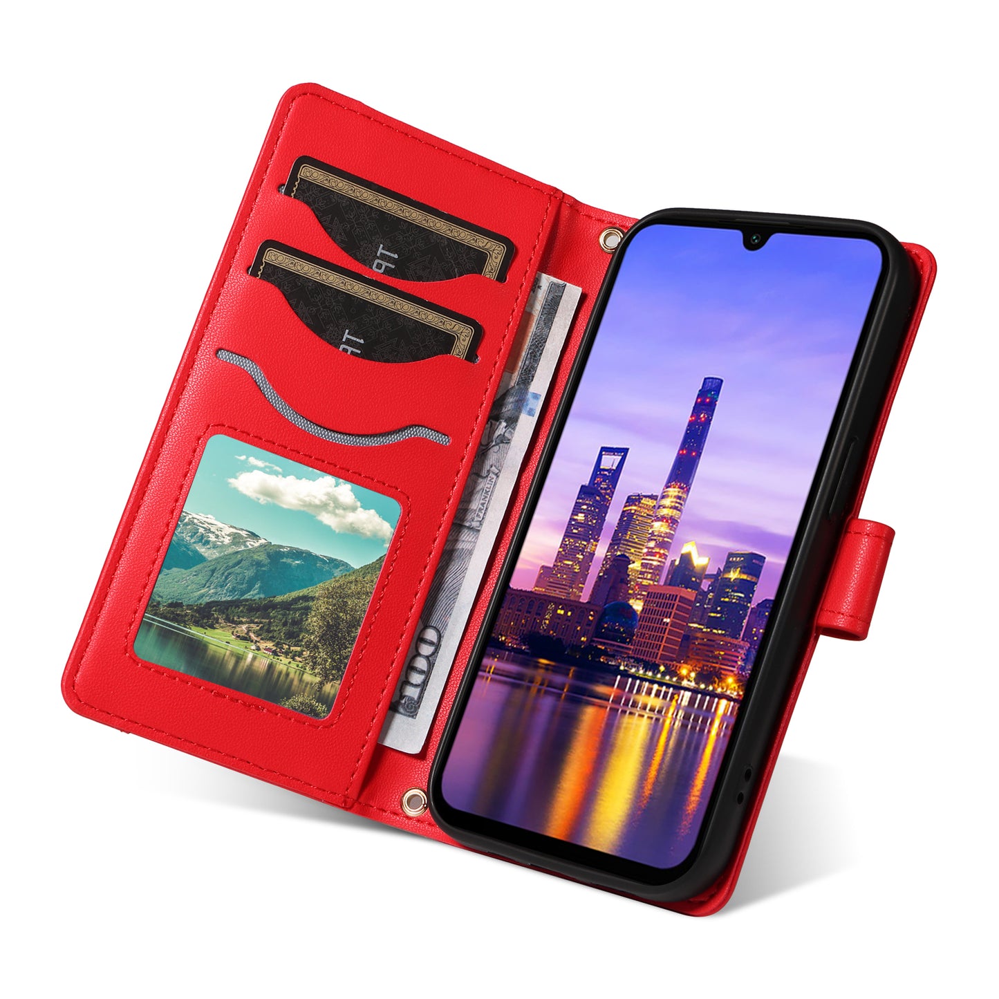 For Samsung Galaxy A16 5G / A16 4G Case Wallet Rhombus Leather Phone Cover with Shoulder Strap, Wrist Strap - Red
