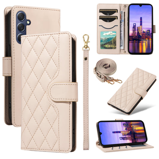For Samsung Galaxy A16 5G / A16 4G Case Wallet Rhombus Leather Phone Cover with Shoulder Strap, Wrist Strap - Apricot