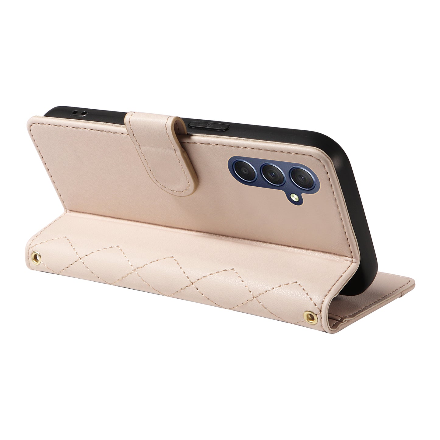 For Samsung Galaxy A16 5G / A16 4G Case Wallet Rhombus Leather Phone Cover with Shoulder Strap, Wrist Strap - Apricot